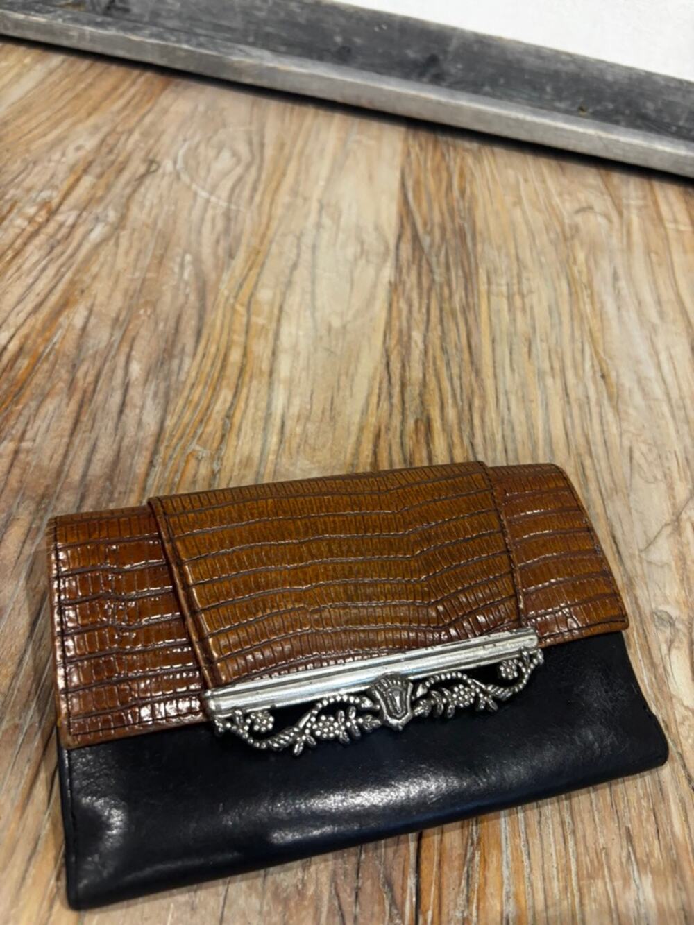 Vintage Brighton Leather Wallet Brown Lizard Embossed Black Organizer